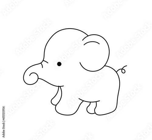 Vector isolated one single cute cartoon standing elephant  side view colorless black and white contour line easy drawing