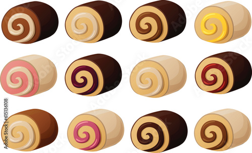 Cute vector illustration of various cake swiss roll slices with fillings and toppings.