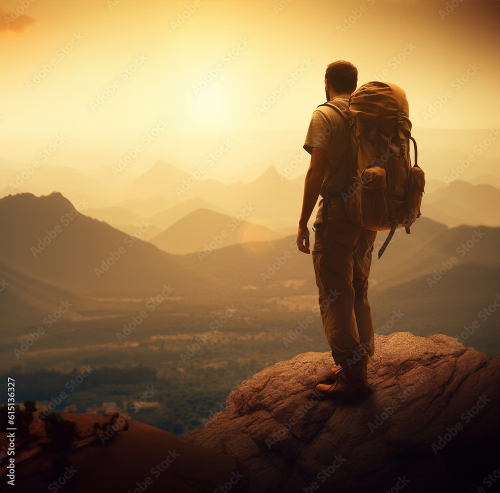 Lone hiker standing on mountain top at sunset, Generative Ai illustration