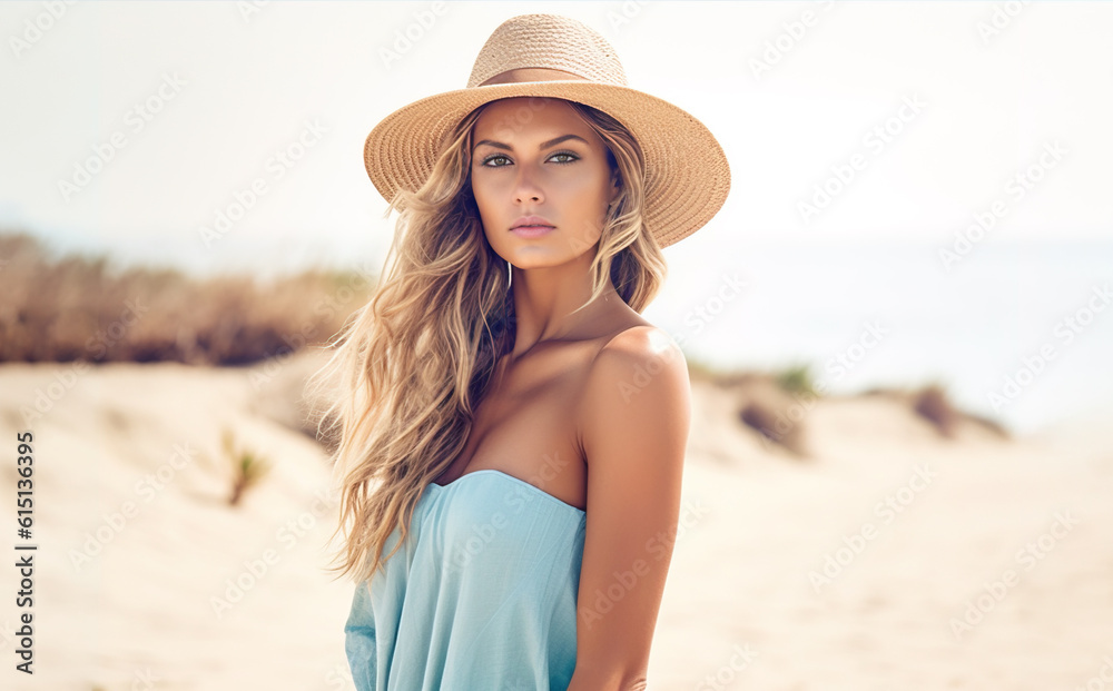 Beach portrait of Young beautiful woman , Generative AI Illustration - obrazy, fototapety, plakaty 