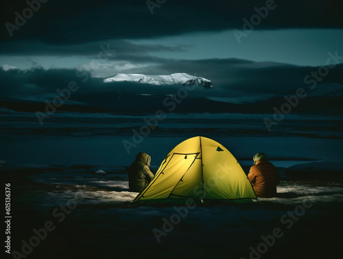 Nightshoot of people  in front of green tent camping in the wilderness, Generative AI Illustration photo