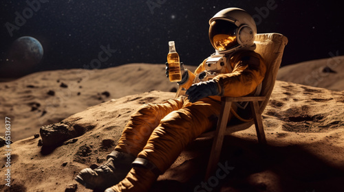 Astronaut having a beer and relaxing on the moon, Generative AI Illustration photo