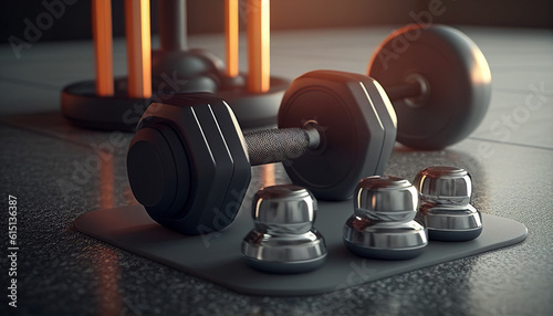 Dumbbell weights on the gym, Dumbbells and weights are placed on a mat at the gym, Generative AI