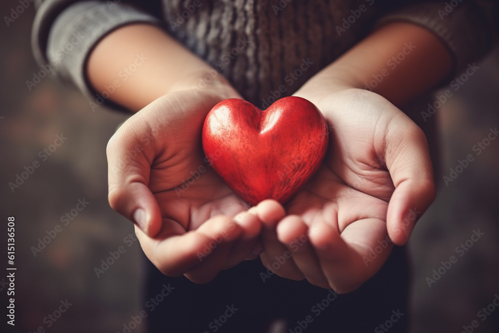 Red heart in child hands, Generative AI illustration Red heart in child hands, Generative AI illustration