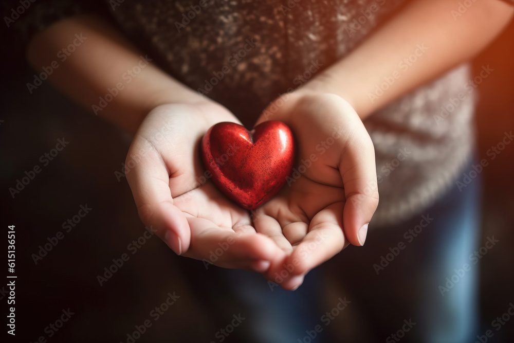 Child holding small red heart in hands, Generative AI illustration Child holding small red heart in hands, Generative AI illustration