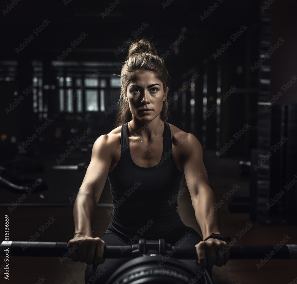 Woman training in gym at rower, Generative AI illustration Woman training in gym at rower, Generative AI illustration