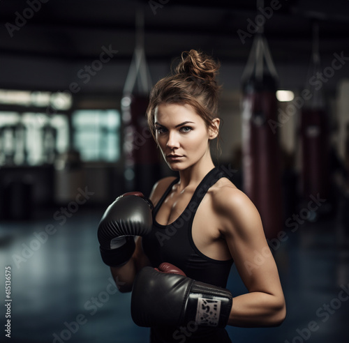 Female kick boxing fighter pose, Generative AI illustration © IBEX.Media
