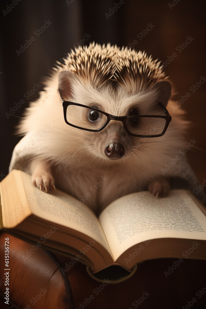Cute hedgehog with glassess reading a book, Generative AI illustration