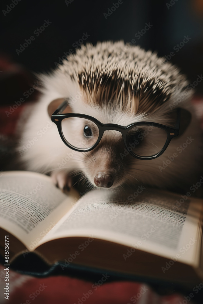 Cute hedgehog with glassess reading a book, Generative AI illustration