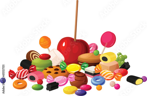 Cute vector illustration of various kinds of mixed candy, gummy, licorice, chocolate and cookies.