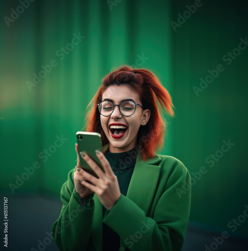 Young adult woman on green background using mobile phone, Generative AI illustration