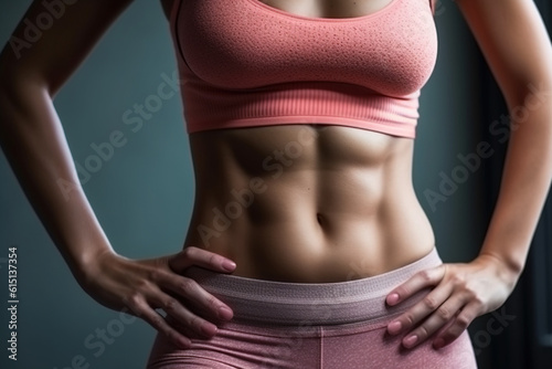 Abdominal muscles of fit fitness woman in pink sportswear, Generative AI illustration