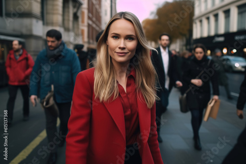 Portrait of young business woman in red clothes standing on crowded street, Generative AI illustration