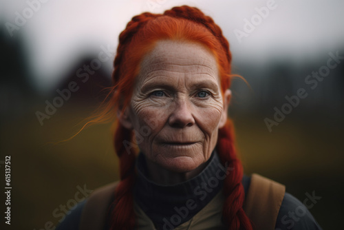 Senior woman portrait with wirnkled face and red hair, Generative AI illustration photo