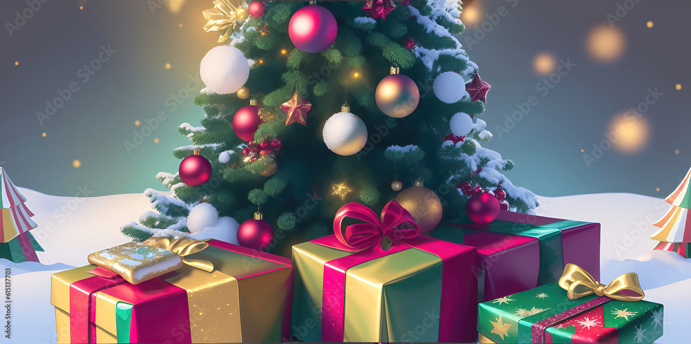 Postcard with winter christmas tree and gifts or present.