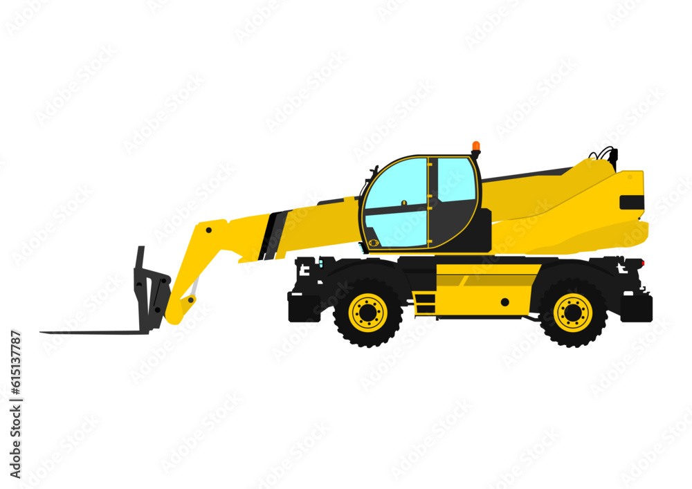 Modern rotating telehandler. Side view of telescopic handler. Vector.