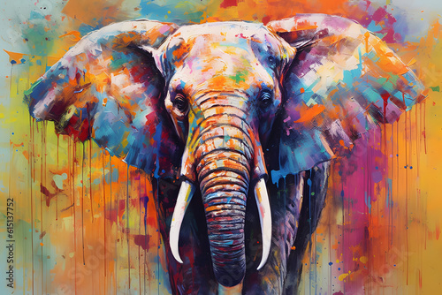 A colorful painting of an elephant