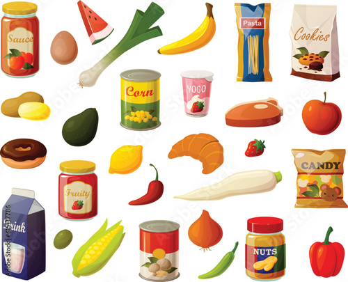 Cute vector illustration of various grocery list items such as vegetables, dried goods and snacks for the pantry.