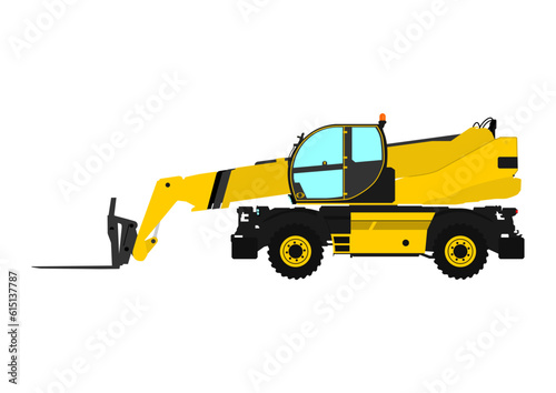 Modern rotating telehandler. Side view of telescopic handler. Vector.