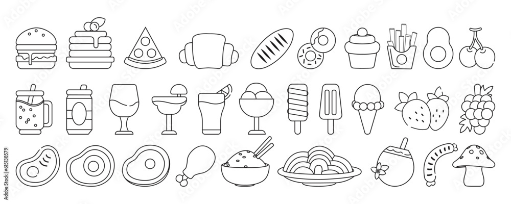 Food and Drinks Icons - Line Art Vector Illustration