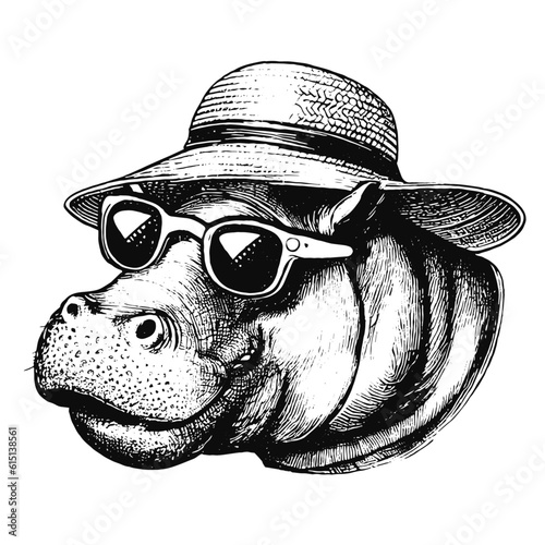 A beautiful hippopotamus in sunglasses and a summer hat