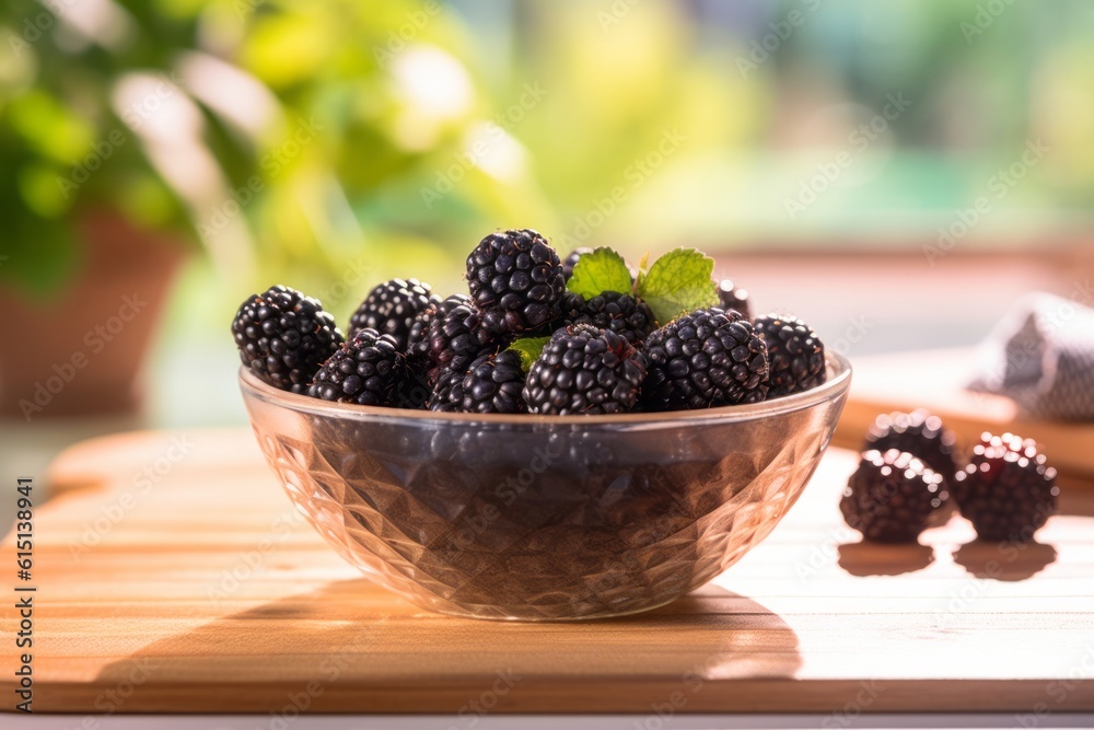 Illustration of a bowl of fresh blackberries on a rustic wooden table created with Generative AI technology Illustration of a bowl of fresh blackberries on a rustic wooden table created with Generative AI technology