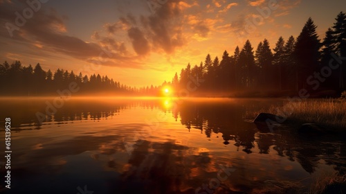 Serenity in Nature: Romantic Sunset Over the Lake made with Generative AI