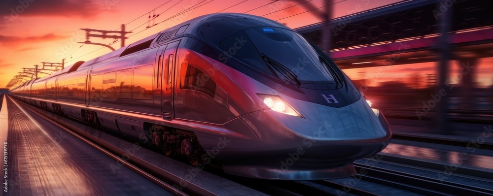 High speed train in motion on the railway station at sunset. Fast ...
