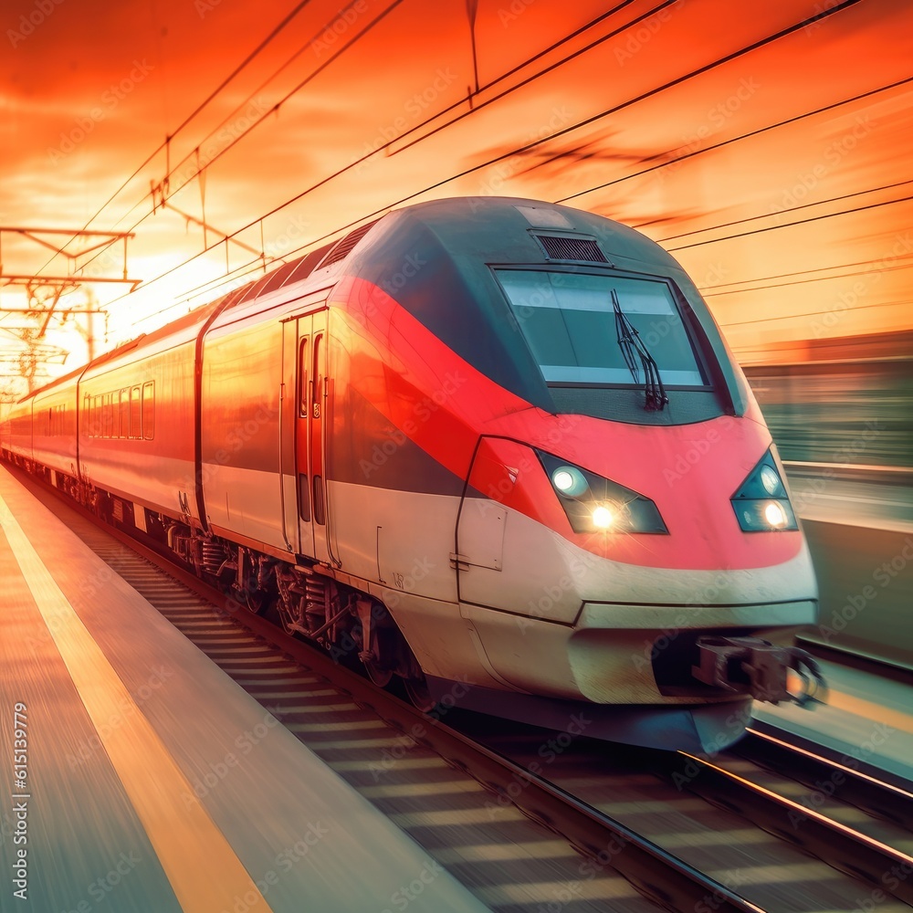 High speed train in motion on the railway station at sunset. Fast ...