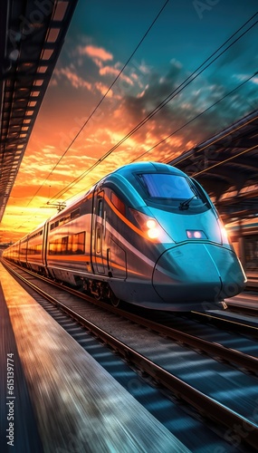 High speed train in motion on the railway station at sunset. Fast moving modern passenger train on railway platform. Railroad with motion blur effect. Generative ai photo