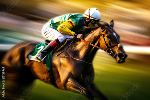 A jockey on a horse in motion. A background for horse raceing and horse betting © Mirador