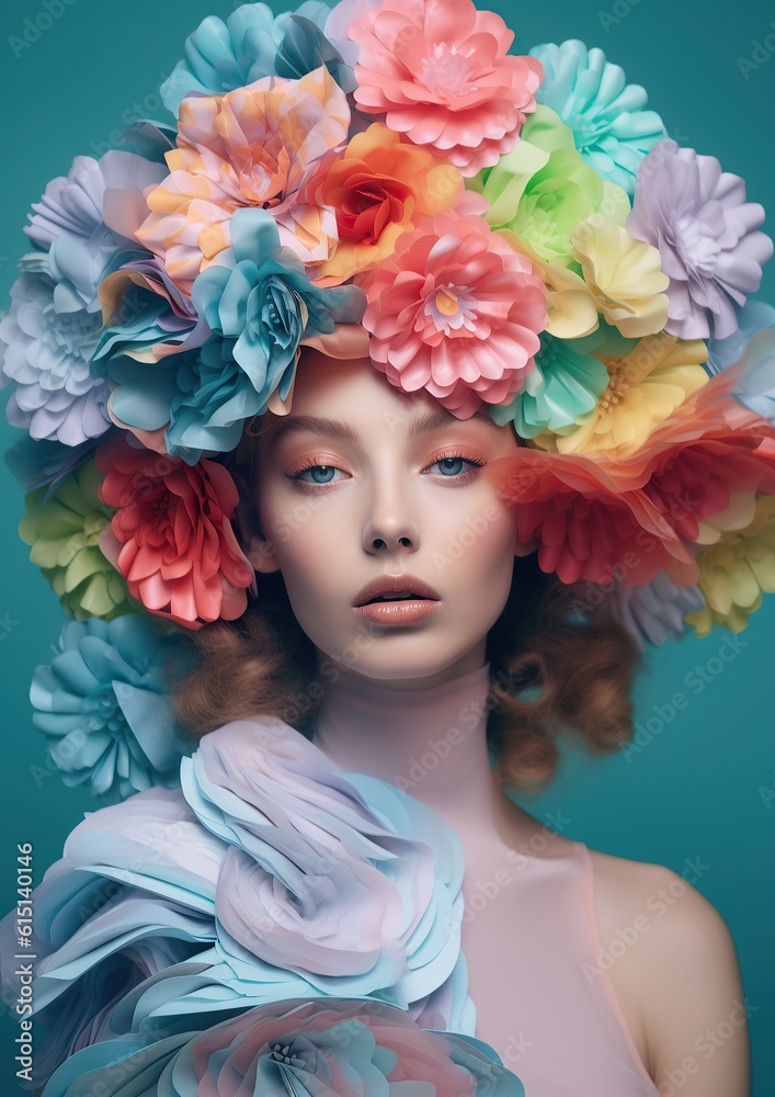 Blooming beauty: woman wearing vibrant, floral headpiece showcases the grace and elegance of fashion a stunning portrait of a girl crowned in roses conveys a sense of joy and freshness