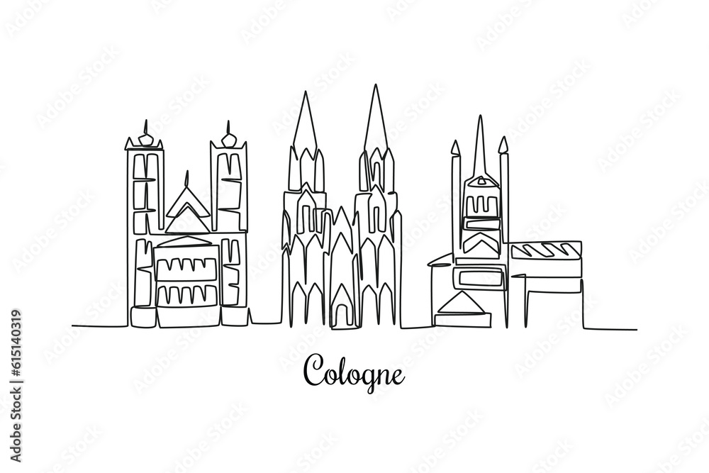 Single one line drawing Cologne city skyline. City concept. Continuous line draw design graphic vector illustration.