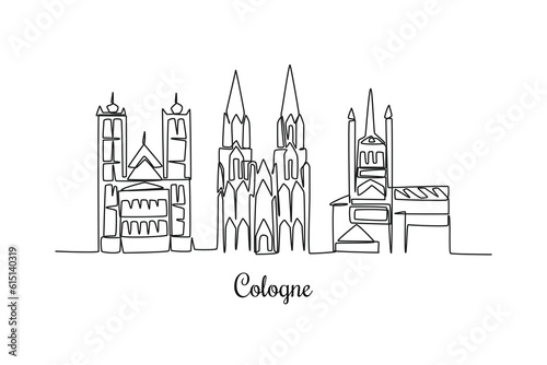 Single one line drawing Cologne city skyline. City concept. Continuous line draw design graphic vector illustration.