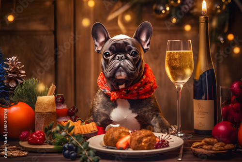 French bulldog drinking champagne at New Year's party