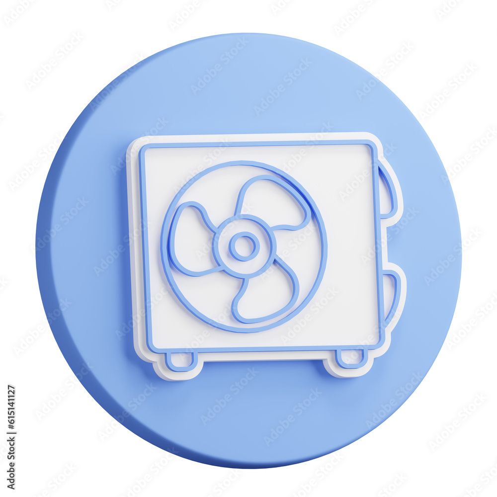 3D button rendering of Air conditioner unit with three bladed fan. Room cooling and heating. Maintaining comfortable temperature. Realistic blue white PNG illustration isolated on transparent back 3D button rendering of Air conditioner unit with three bladed fan. Room cooling and heating. Maintaining comfortable temperature. Realistic blue white PNG illustration isolated on transparent back