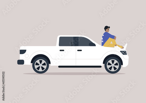 A young male Caucasian character sitting on a car hood, a road trip concept