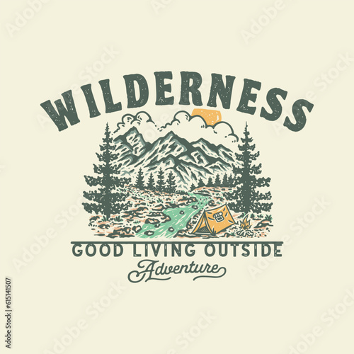 wanderlust illustration river graphic camping design forest vintage tent badge fire outdoor t shirt adventure
