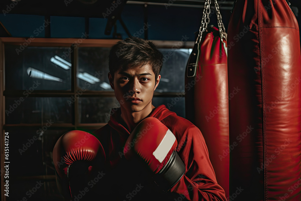 Portrait of a boxer training with a punching bag.