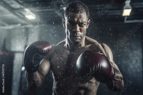 Portrait of a boxer training with a punching bag. © expressiovisual
