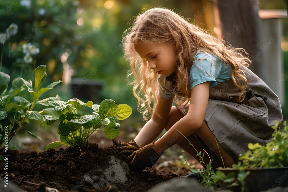 a cute little girl planting a beautiful tree in her garden. a cute little girl planting a beautiful tree in her garden.