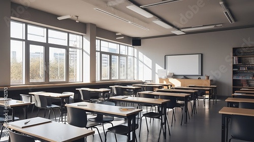 New school year. Interior of the modern empty classroom with desks and chairs for students. Created with AI.