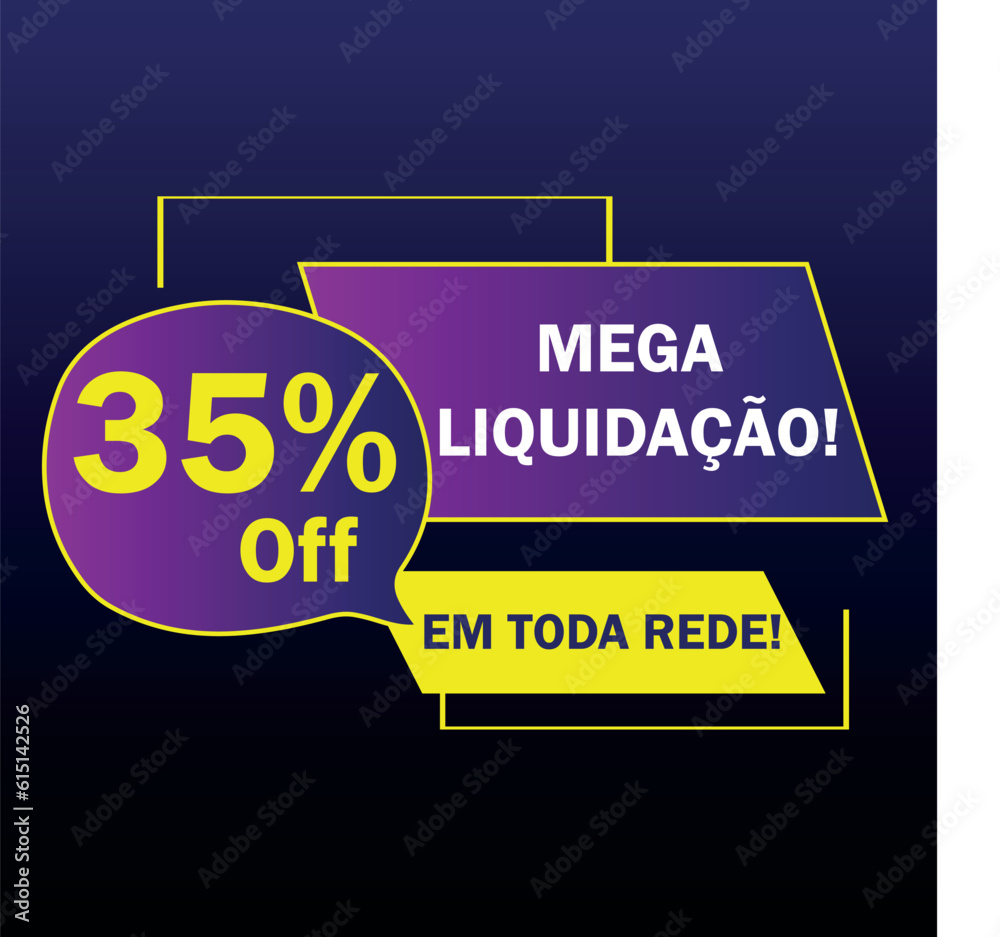 Mega Liquidação  35% Off! Vetor de descontos para lojas e varejos com promoções em toda rede. Disponível nas cores Roxa com Amarelo.