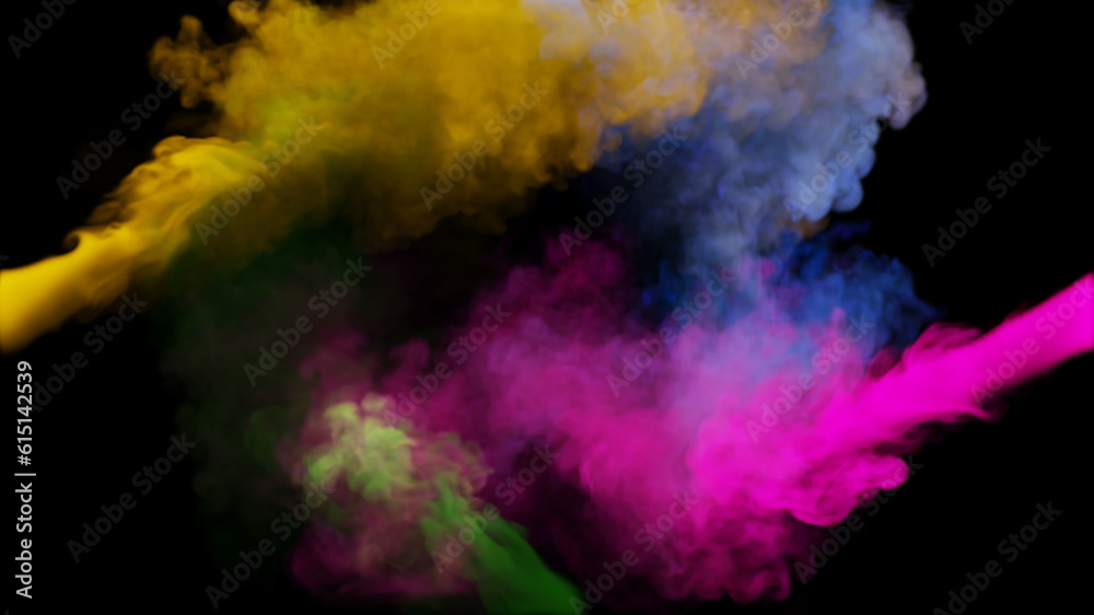 Clubs of multi-colored smoke collide from four sides on a black background. 3d illustration.