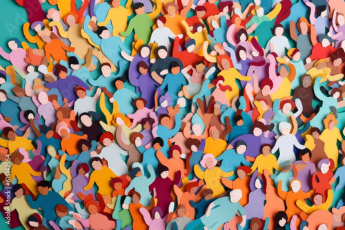 Large crowd of diverse people. paper cut out style photo