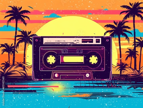 Vibrant and nostalgic design featuring a classic cassette tape adorned with a lively mix of colorful music notes, capturing the essence of retro vibes and the joy of music photo