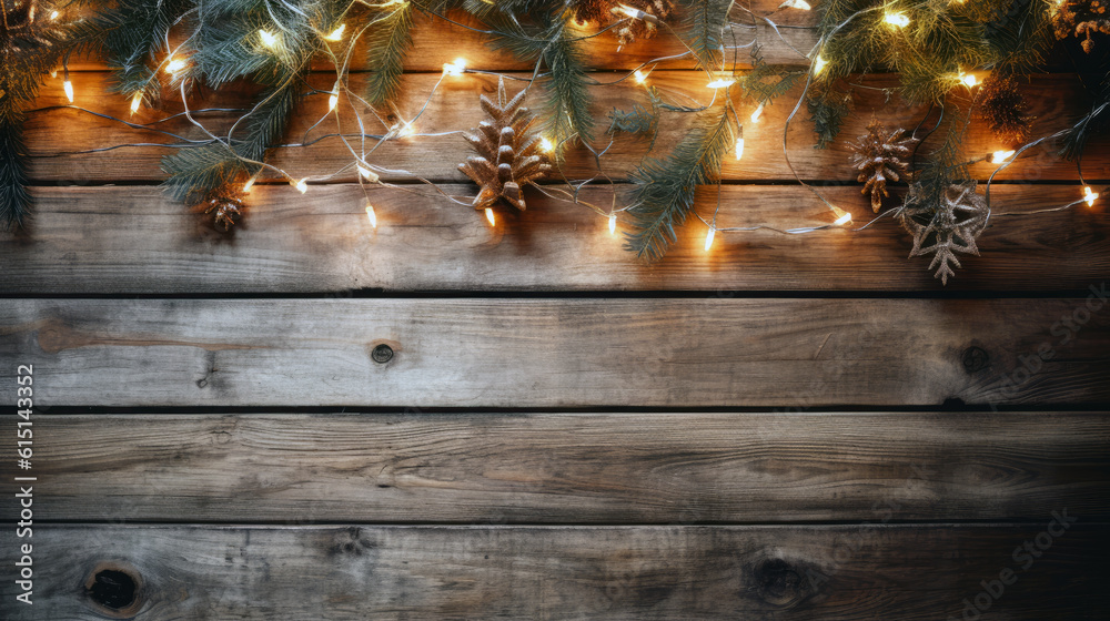 Christmas decoration with lights on wooden background,place for text. Generative ai