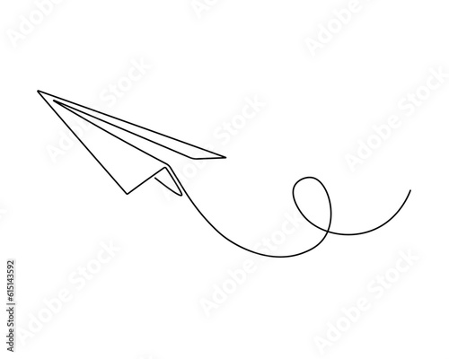 Continuous one line drawing of isolated vector object paper airplane is flying