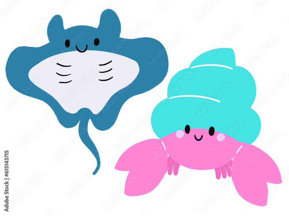 Ray and Crab animal underwater ocean beach doodle character cute drawing Ray and Crab animal underwater ocean beach doodle character cute drawing