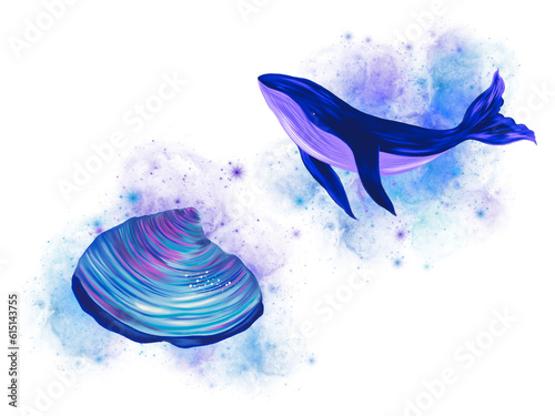 Whale and shellfish sparkle illutartion photo